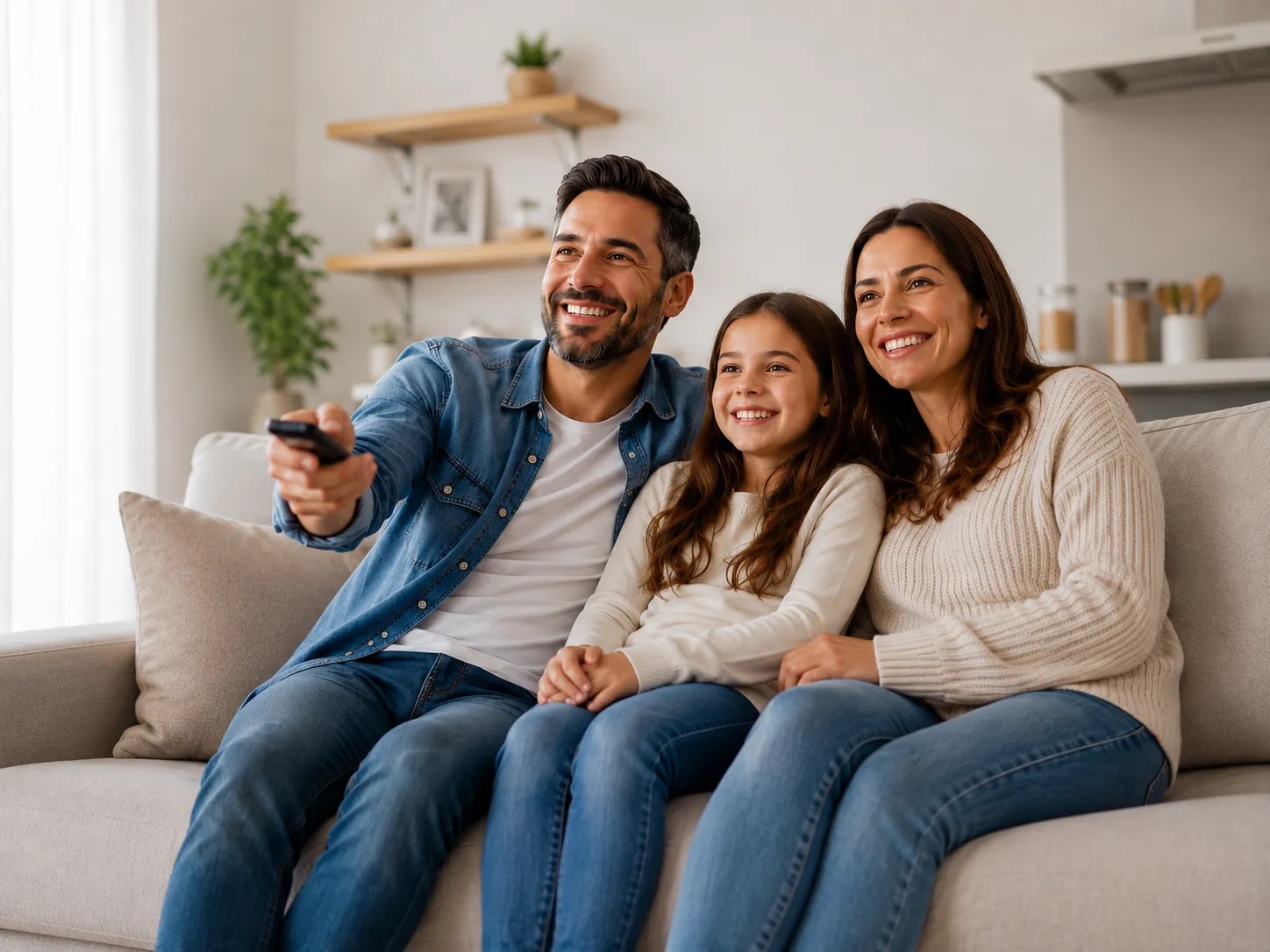 Familia disfrutando de la televisión en la sala de su hogar