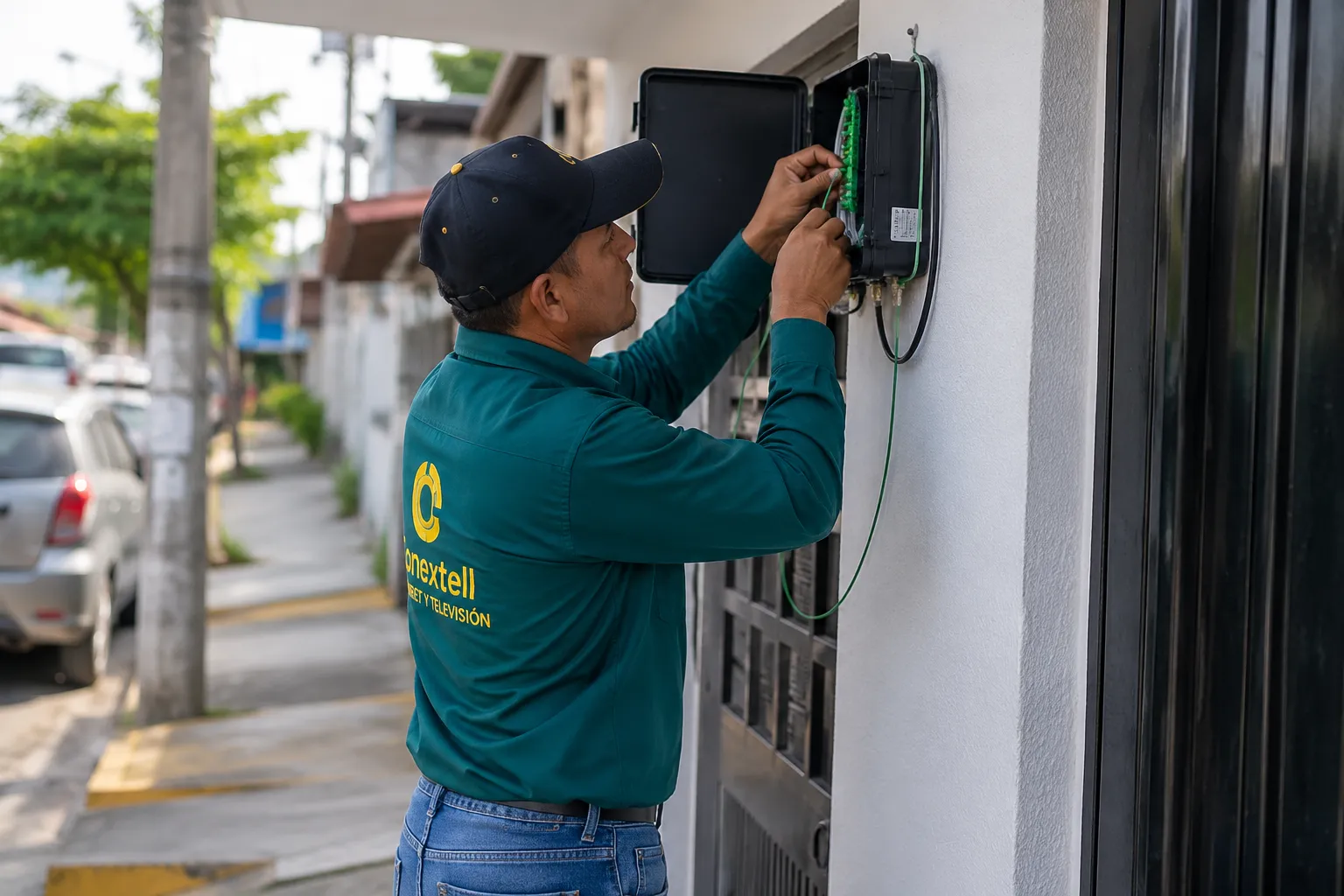 Técnico de Conextell instalando fibra óptica en la fachada de una casa en Villavicencio