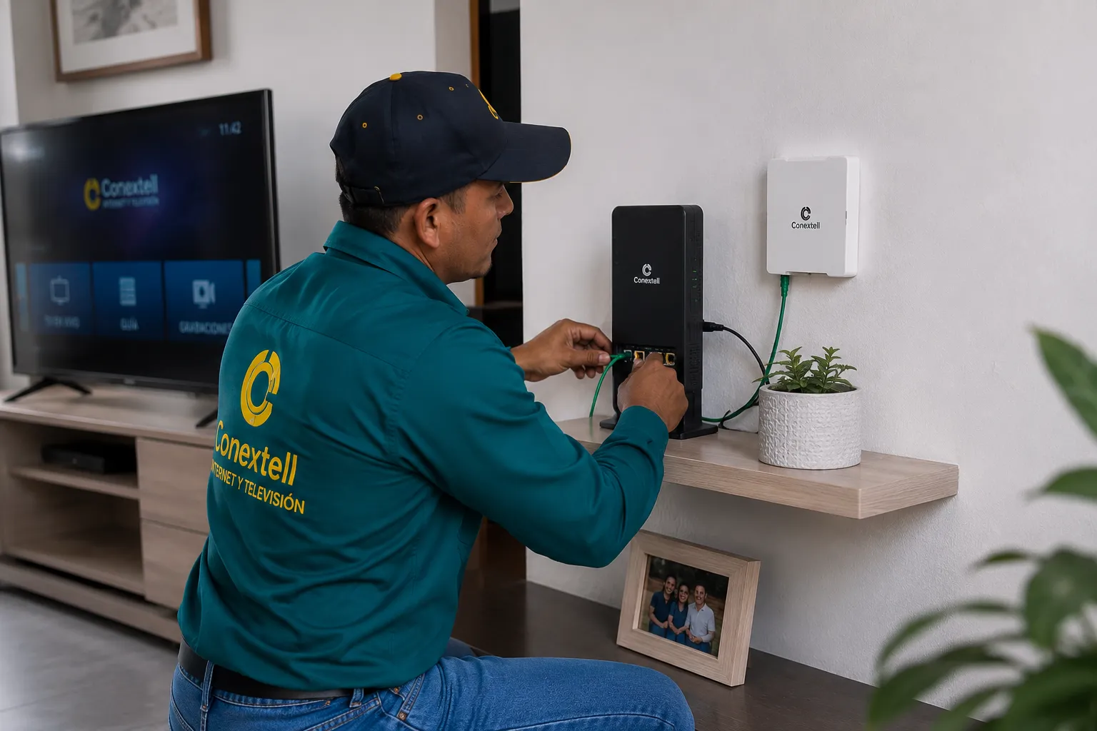 Técnico de Conextell conectando el módem junto al televisor en la sala de un hogar